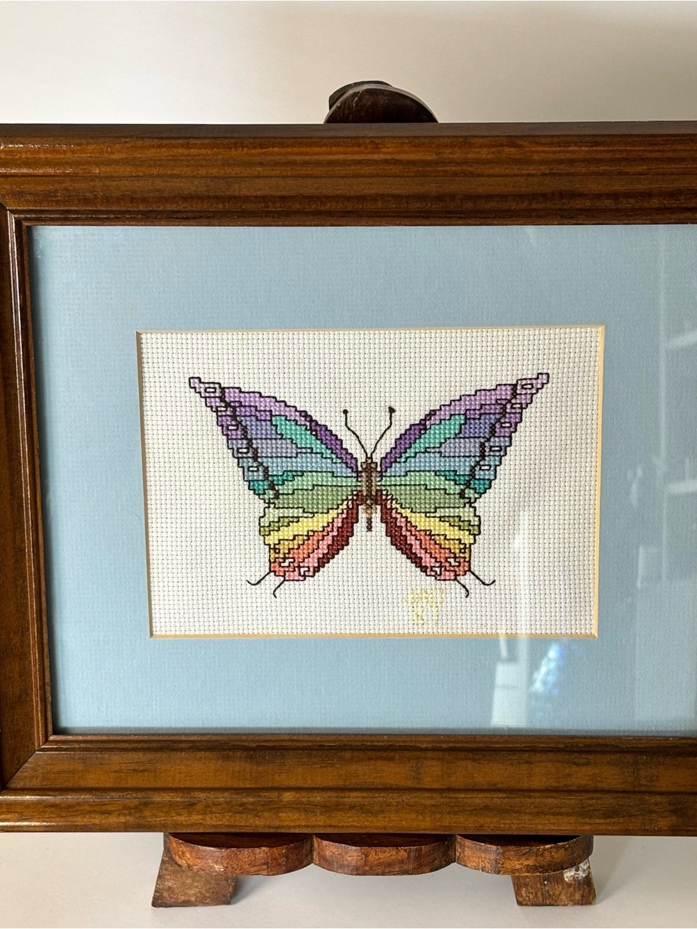 Vintage Butterfly Framed NeedlePoint 12 X 10 Cottage Boho Rainbow Colors